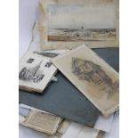 A FOLIO OF ANTIQUE UNFRAMED PRINTS and watercolours etc