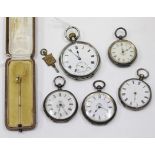 FIVE SILVER POCKET WATCHES including Birmingham silver example and a unmarked yellow metal tie pin