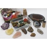 A BOX CONTAINING CORAL NECKLACES, semi precious stones, geode specimens, beads and hearts for