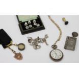 A SELECTION OF COSTUME AND OTHER JEWELLERY including a silver pocket watch on a fancy link Albert