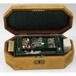 A VICTORIAN LEATHER CASKET containing costume jewellery, Birmingham silver belt buckle, cubic