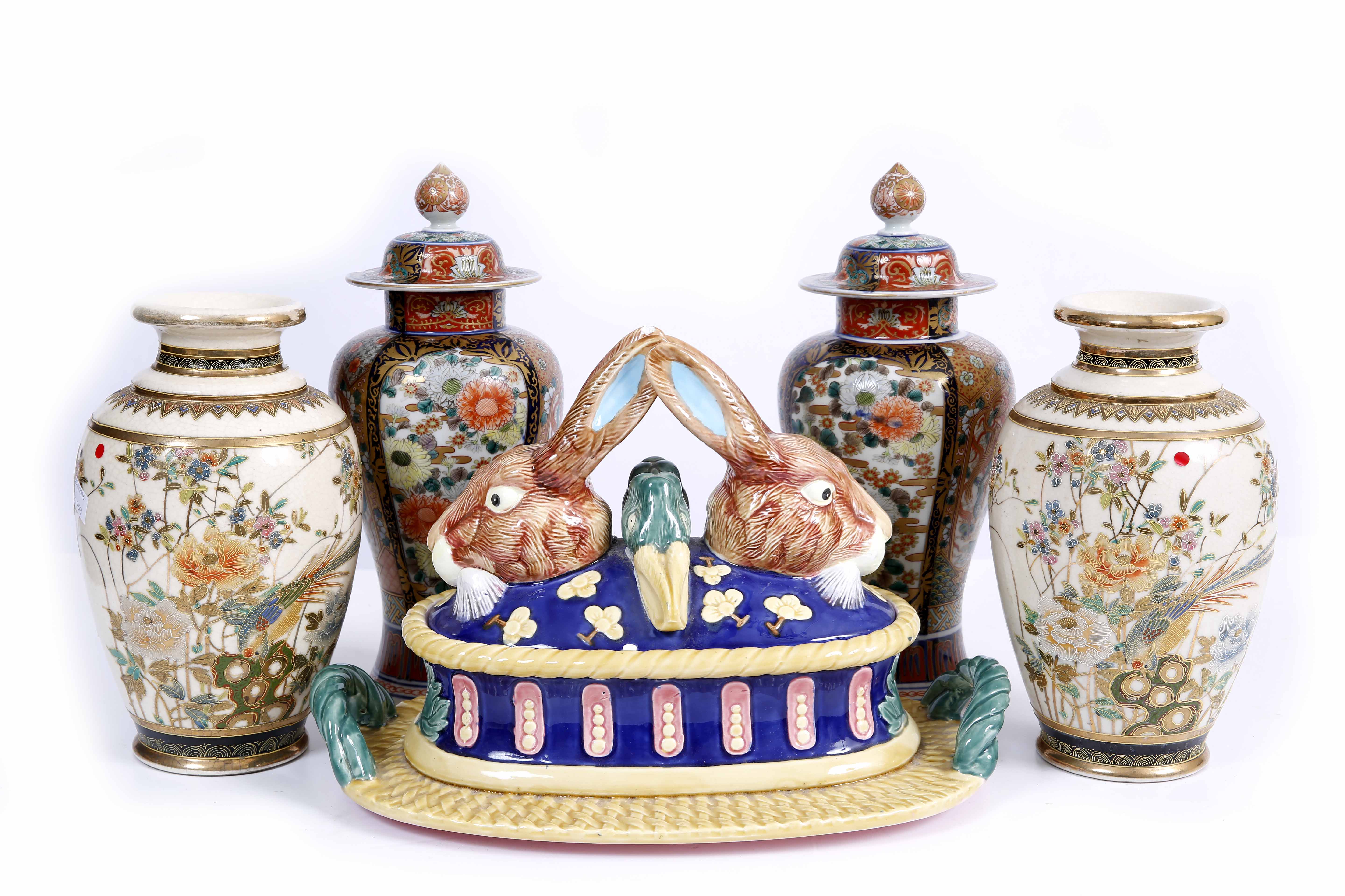 A PAIR OF JAPANESE SATSUMA EARTHENWARE VASES, 26cm high; a pair of Imari vases and covers; and a