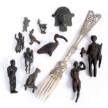 A COLLECTION OF VICTORIAN GRAND TOUR FIGURES together with a scrimshaw decorated dining fork