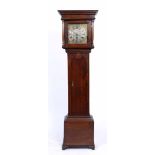 AN OAK LONG CASE CLOCK, the square brass dial with date aperture and silvered chapter ring,