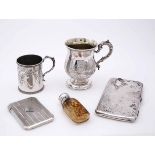 A VICTORIAN QUARTER PINT TANKARD of baluster form together with a Christening cup, a calling card