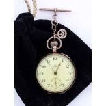 A 9 CARAT ROSE GOLD CASED OMEGA POCKET WATCH with Masonic gold talisman on the chain