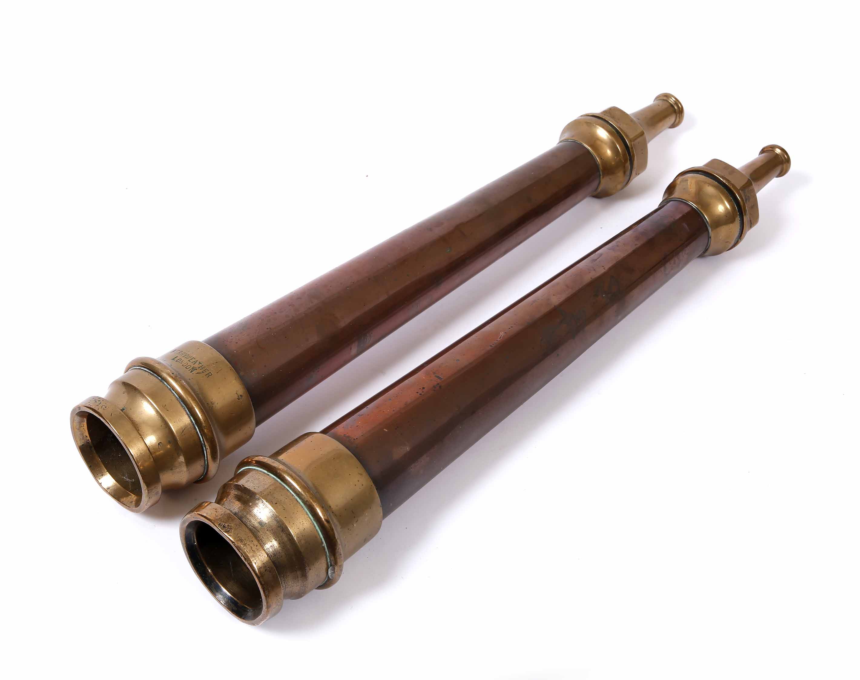 TWO BRASS AND COPPER FIRE HOSE NOZZLES, one by Merryweather of London, 54cm (2) - Image 2 of 2