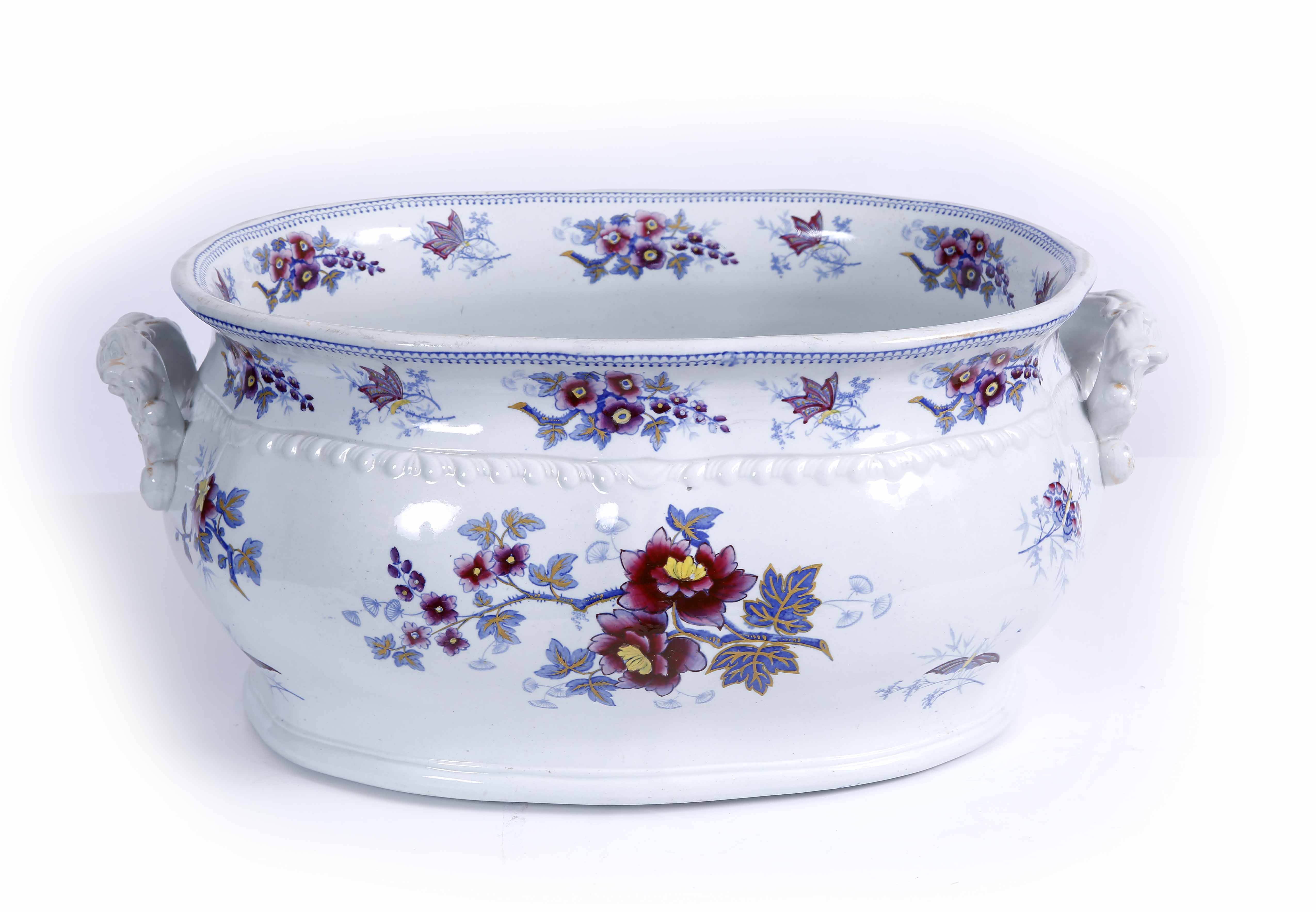 A VICTORIAN STONE CHINA 'JAPAN FLOWERS' TWO HANDLED PORCELAIN FOOT BATH, 47cm wide