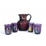 AN AMETHYST CORDIAL SET, five pieces with Shakespearian scene decoration