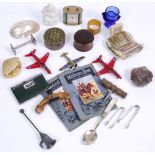 A SELECTION OF MISCELLANEOUS ITEMS including The Bank of England treen box, blue glass eye bath,