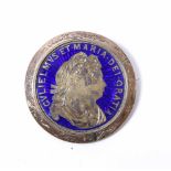 A GILT AND ENAMEL DECORATED WILLIAM & MARY COIN of 1616, set as a brooch 4.1cm diameter