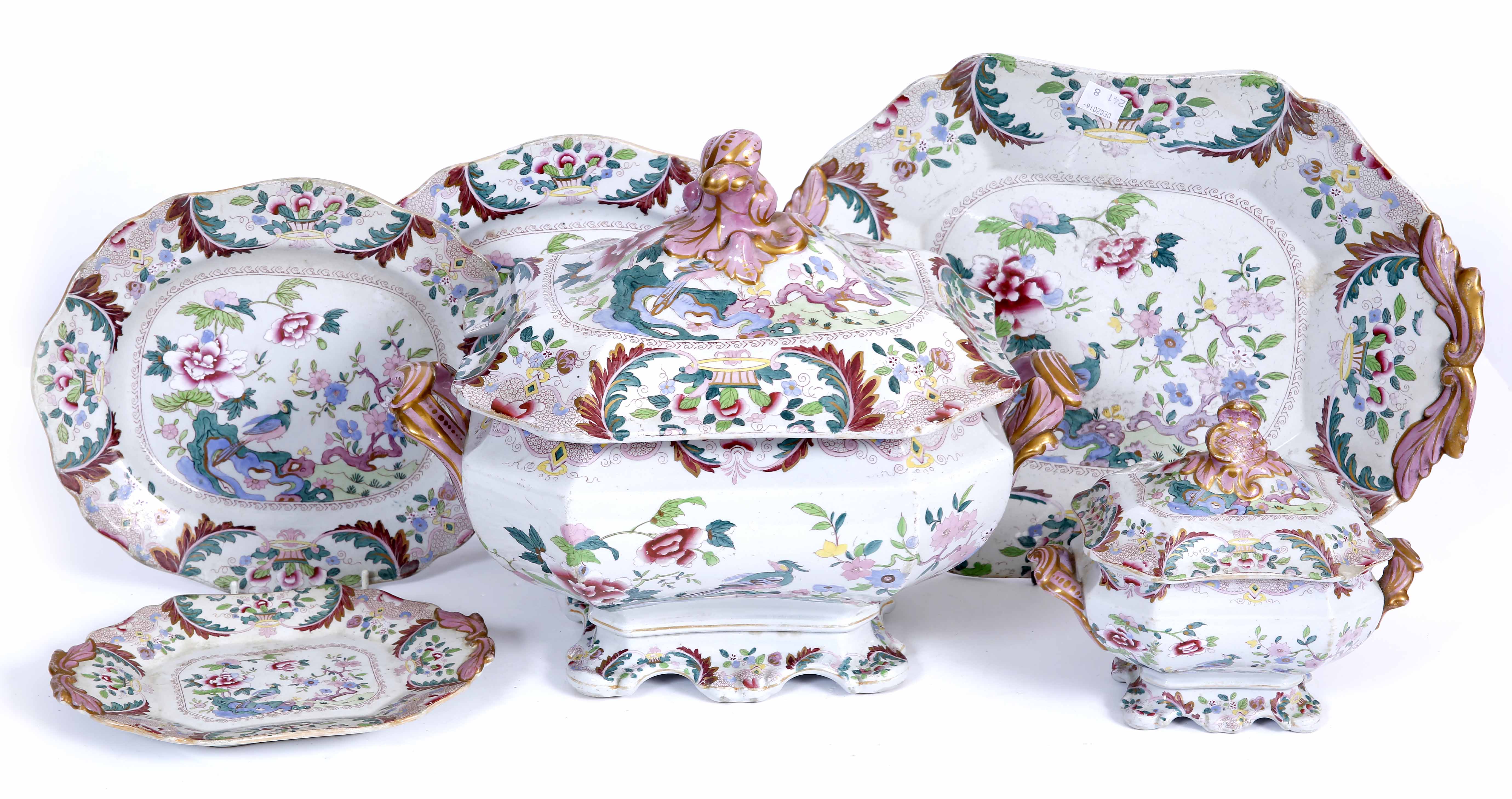 AN IMPERIAL STONE CHINA MCCARTNEY SOUP TUREEN AND COVER on stand, matching sauce tureen and stand, a