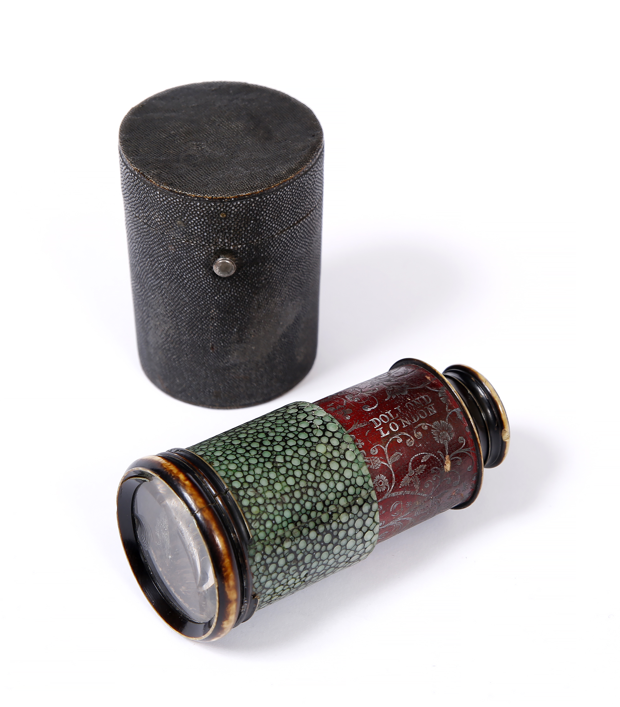 A SHAGREEN CASED TELESCOPE / VIEWER also with shagreen banding and tooled leather barrel, 8cm