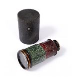 A SHAGREEN CASED TELESCOPE / VIEWER also with shagreen banding and tooled leather barrel, 8cm