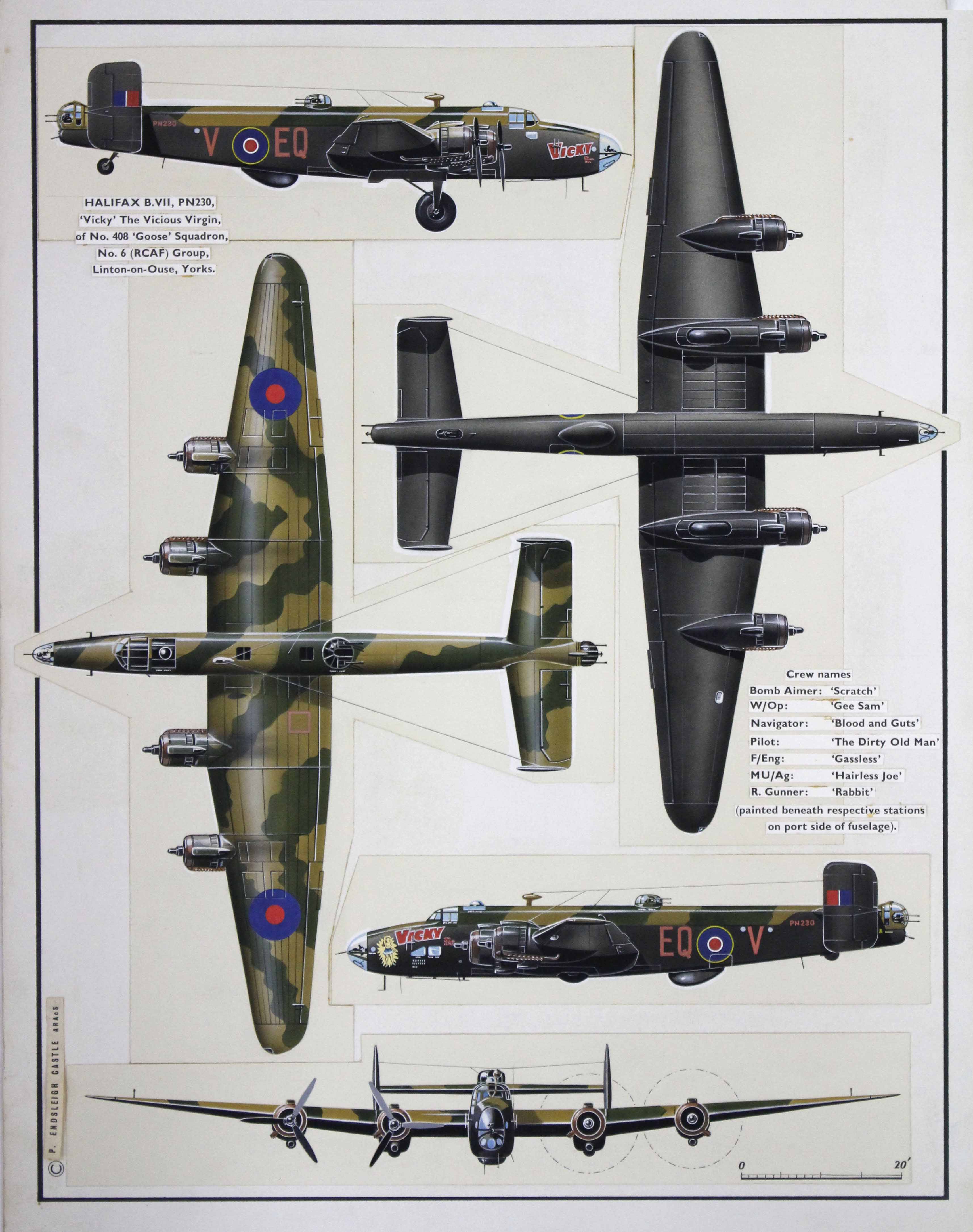 A FIVE VIEW GOUACHE WATERCOLOUR of a Halifax B.VII bomber from a publication for Endsleigh & Castle, - Image 2 of 2