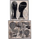 TWO AFRICAN SCREEN PRINTS by Heidi Lange, 'Adam and Eve' 52cm x 105cm and two figure heads, 80cm x