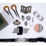 A GROUP OF PASTE ART DECO BELT BUCKLES and a silver brooch etc.,