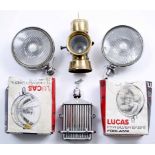 TWO LUCAS HEADLAMPS each 18cm diameter, a Lucas no. 624 Road King brass lantern, 26cm in height; and