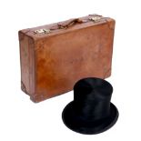 A VINTAGE FINNIGANS TAN LEATHER SUITCASE and a Christys London Johnstone top hat in box (2)