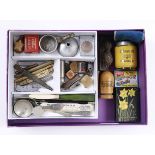 A BOX OF ADVERTISING ITEMS a mustard pot, funnel, spoons, etc.,