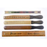 FIVE VARIOUS 19TH CENTURY AND LATER ADVERTISING RULERS and page turners (5)