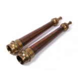TWO BRASS AND COPPER FIRE HOSE NOZZLES, one by Merryweather of London, 54cm (2)