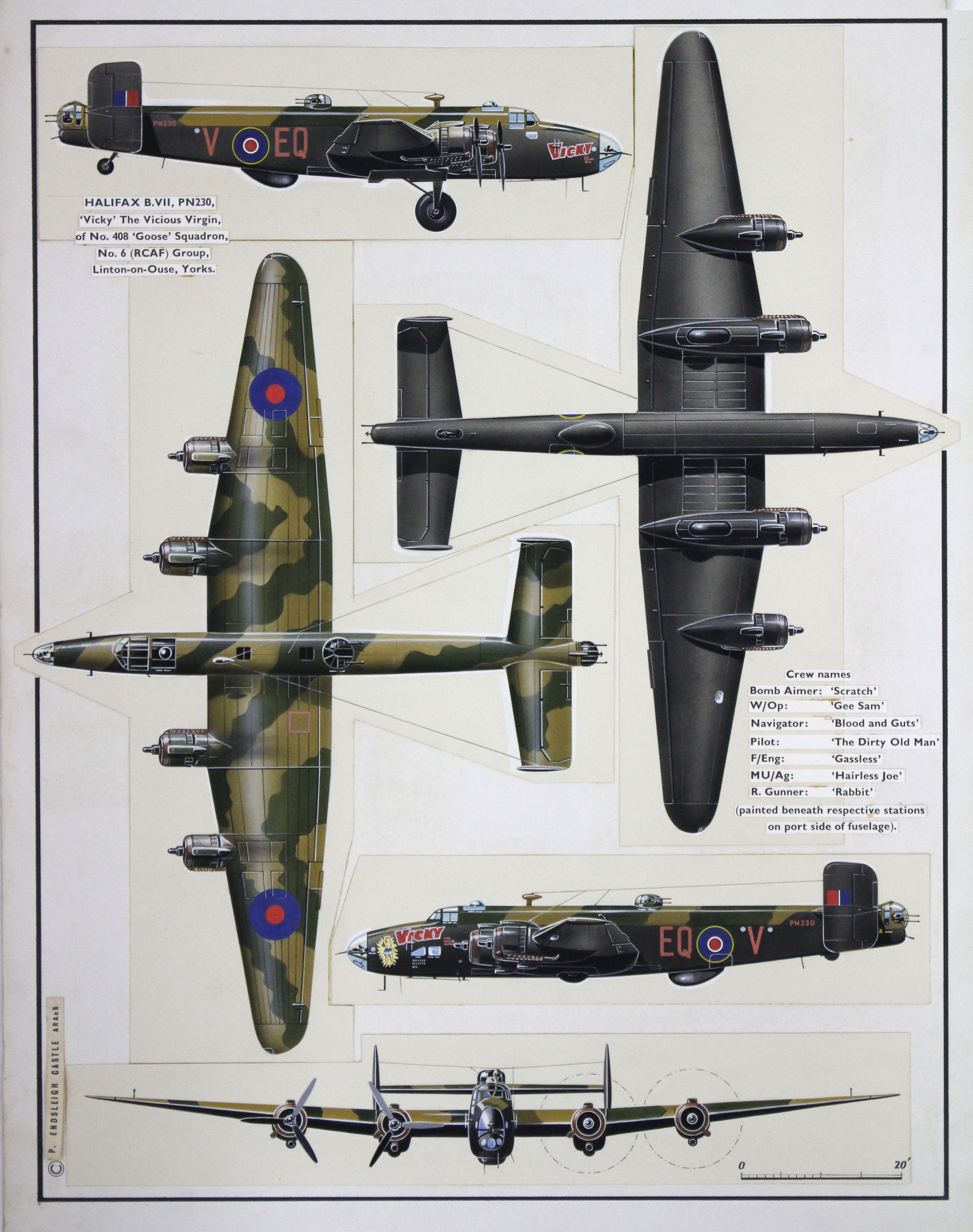 A FIVE VIEW GOUACHE WATERCOLOUR of a Halifax B.VII bomber from a publication for Endsleigh & Castle,