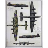 A FIVE VIEW GOUACHE WATERCOLOUR of a Halifax B.VII bomber from a publication for Endsleigh & Castle,