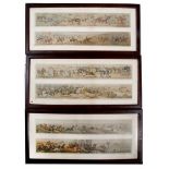 A SET OF SIX HUNTING PRINTS, 1832, contained within three oak frames, 68cm x 31cm overall