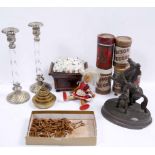 A VICTORIAN MAHOGANY PIN CUSHION, model of a Marley horse, Edison phonograph cylinders, a