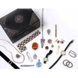 AN ANTIQUE SILVER MOUNTED JEWELLERY BOX containing a quantity of various paste jewellery and also to