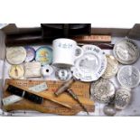 A QUANTITY OF VARIOUS ADVERTISING ITEMS pots lids, tin ashtray, brushes etc.