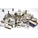 A LARGE SILVER PLATED MEAT COVER, 45cm wide and a collection of approximately forty pieces of silver