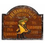 A J.H.HAWORTH & CO SPECIALIST IN PUB RENOVATION RAMSBOTTOM PAINTED WOODEN ADVERTISING SIGN, 75cm x