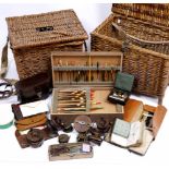 TWO WICKER FISHING HAMPERS and contents therein including fishing flies, reels, tackle, bait etc