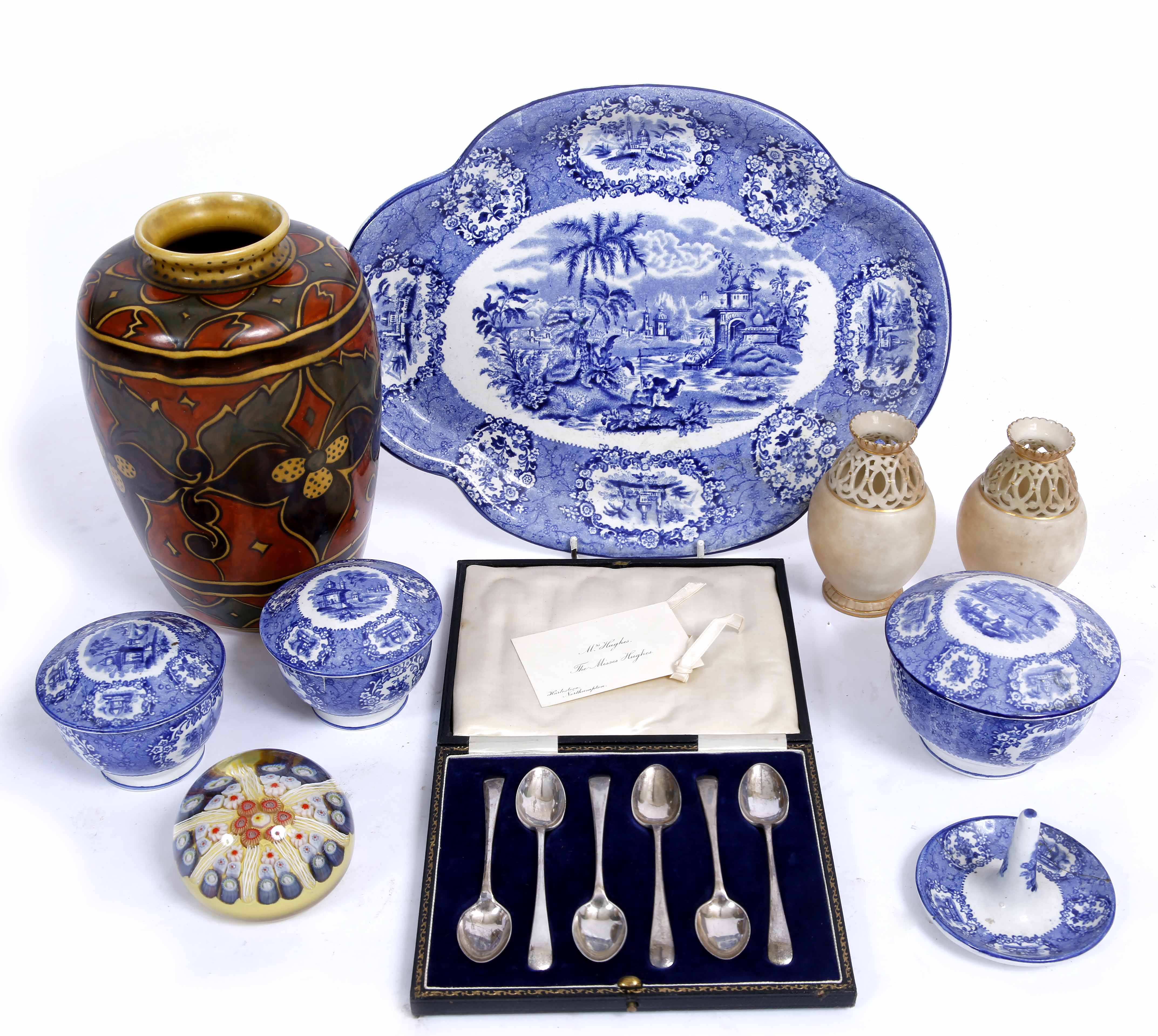 A SET OF SIX SILVER TEA SPOONS, a Chameleon ware vase, a blue and white dressing table set, mille