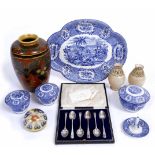 A SET OF SIX SILVER TEA SPOONS, a Chameleon ware vase, a blue and white dressing table set, mille