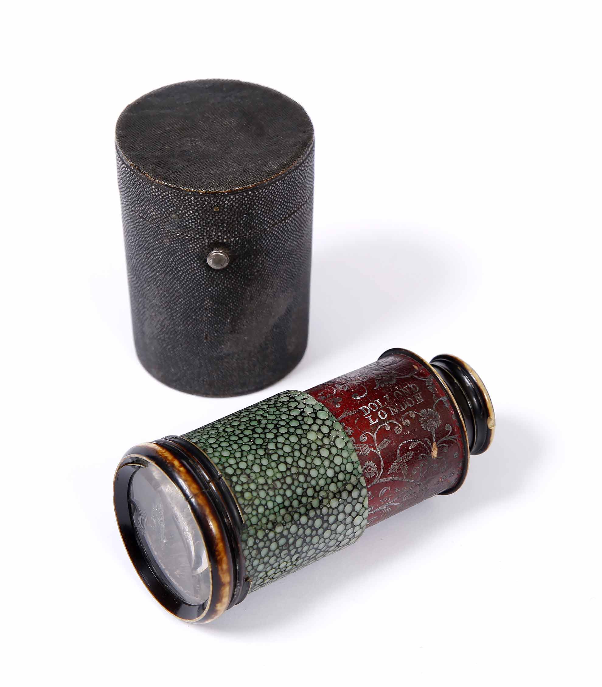 A SHAGREEN CASED TELESCOPE / VIEWER also with shagreen banding and tooled leather barrel, 8cm - Image 2 of 2