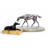 A FRENCH BRONZE AND MARBLE GREYHOUND DESK WEIGHT, 15.5cm wide; and an onyx ashtray mounted with a