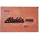 AN OLD ALADDIN PINK PREMIUM PARAFFIN ENAMELLED ADVERTISING SIGN, 30cm x 46cm