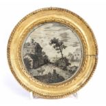 A GEORGIAN SILK AND HAIR PICTURE OF A COUNTRY SCENE set within a gilt frame, 10.5cm diameter,