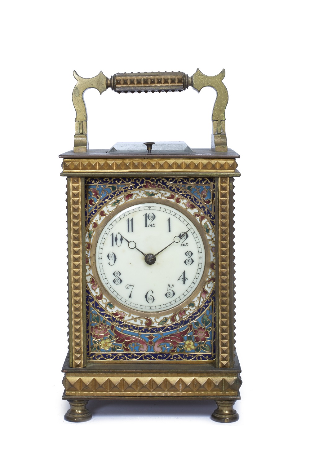A French carriage clock the Gothic enamel dial with moon hands and polychrome floral champlevé mask,