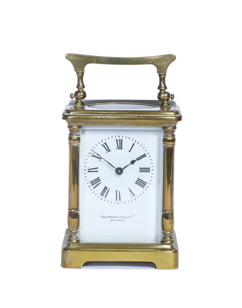 A French carriage timepiece with white enamel Roman dial inscribed 'Sharman D. Neill Ltd.,