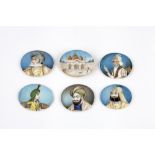 Six Indian Mughal miniature paintings 19th century ink and gilding on an oval section of ivory,