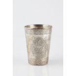 A Persian silver tapering beaker 19th Century engraved with a quatrefoil panel of an interior
