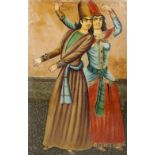 A Mughal style painting late 19th century showing a couple dancing in traditional dress, oil on