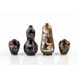 Four Japanese Satsuma miniature vases Meiji period all with deep blue ground, one with panels of