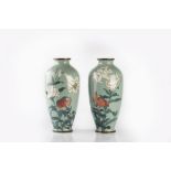 A pair of Japanese tapered oviform cloisonne vases late Meiji decorated lily flowers in coral red,