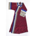 A Chinese burgundy silk coat late 19th Century with turquoise and blue embroidered collar and