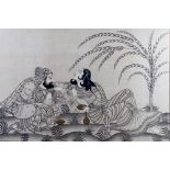 A pair of Indo Persian paintings each showing a man and women dancing and drinking in a garden